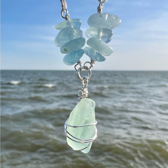 Hand Crafted Jewelry - Seafoam Seaglass + Aquamarine Crystal Necklace